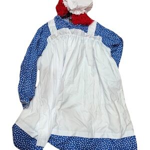 RAGGEDY ANN HALLOWEEN COSTUME Women's White Apron Overlay with Blue Floral Dress